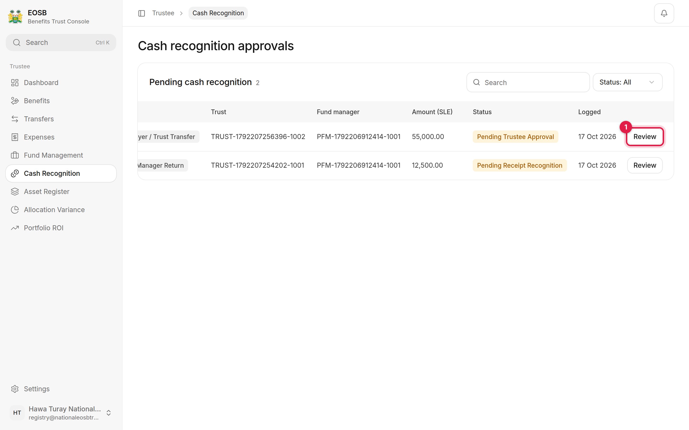 Pending cash recognition: a trust transfer pending trustee approval and a fund manager return pending receipt recognition, with Review marked 1