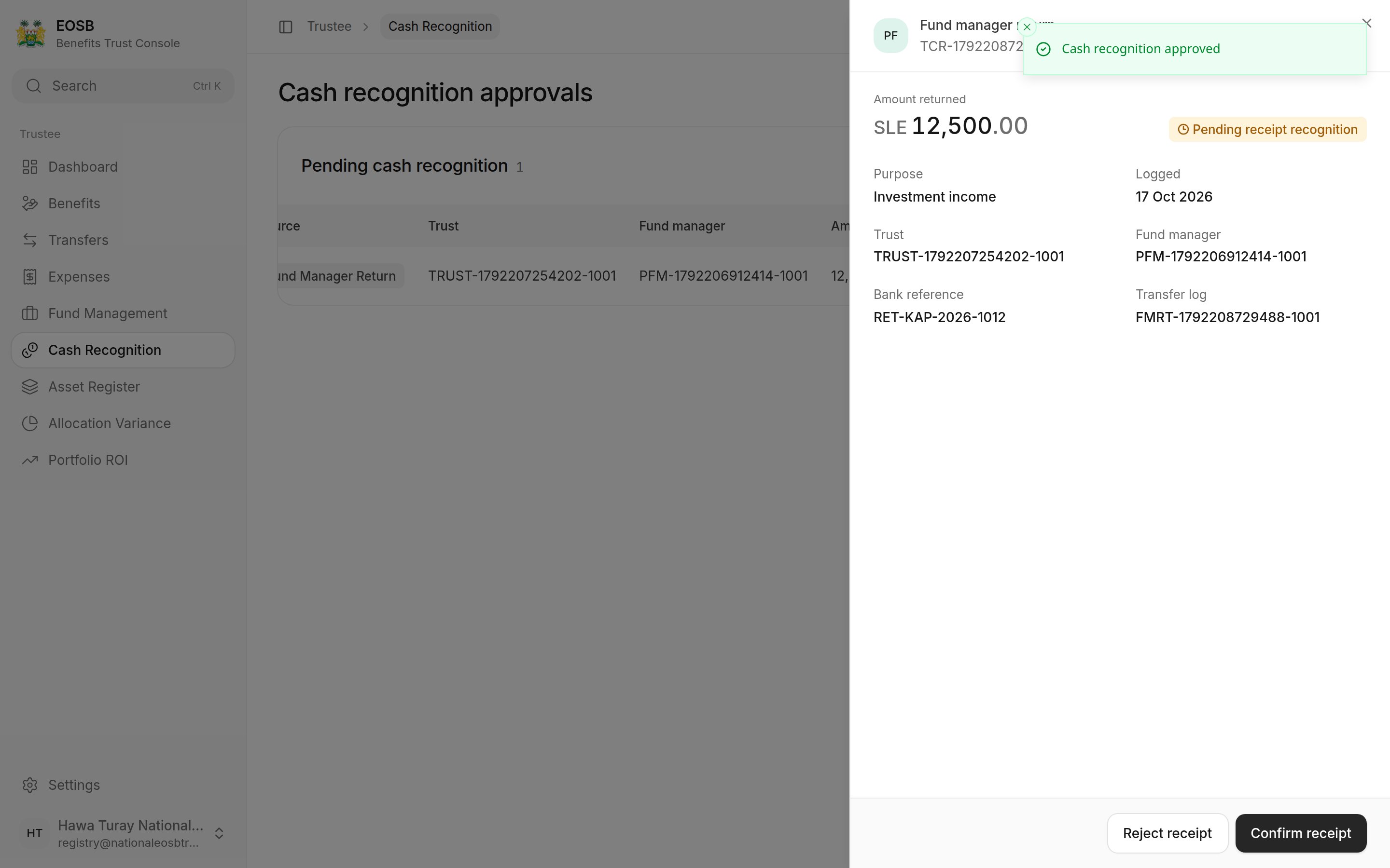 Fund manager return of SLE 12,500 for investment income, with trust, fund manager, bank reference and transfer log