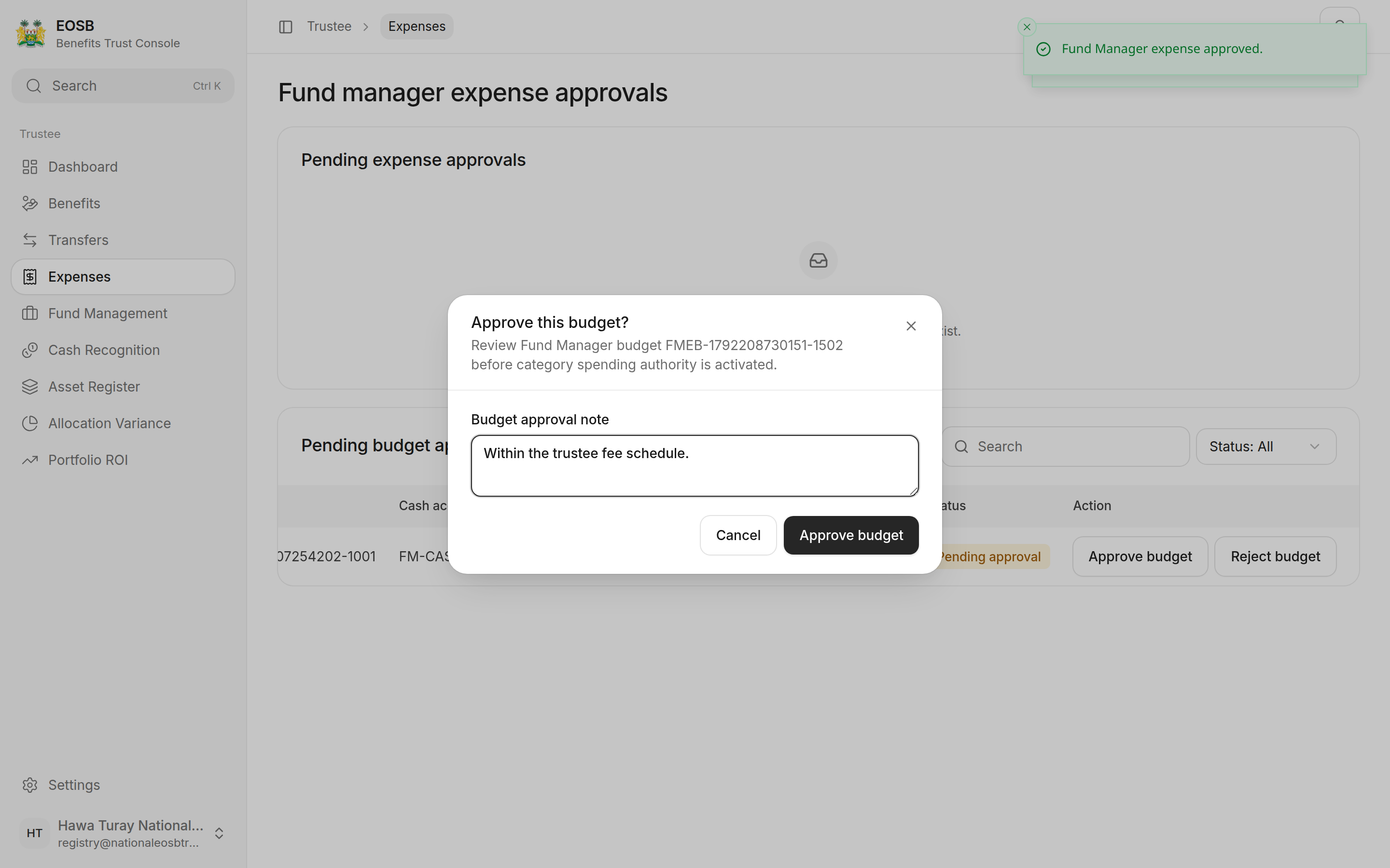 Approve this budget? window with a budget approval note