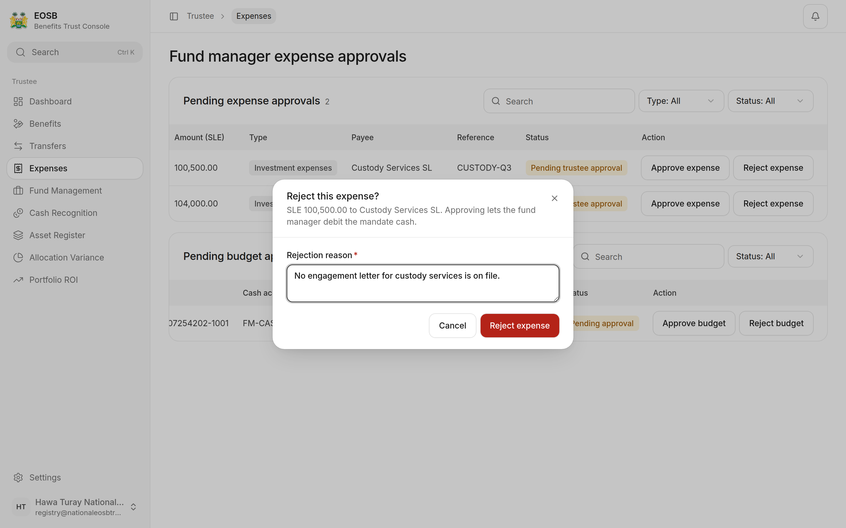 Reject this expense? window with a rejection reason and the red Reject expense button
