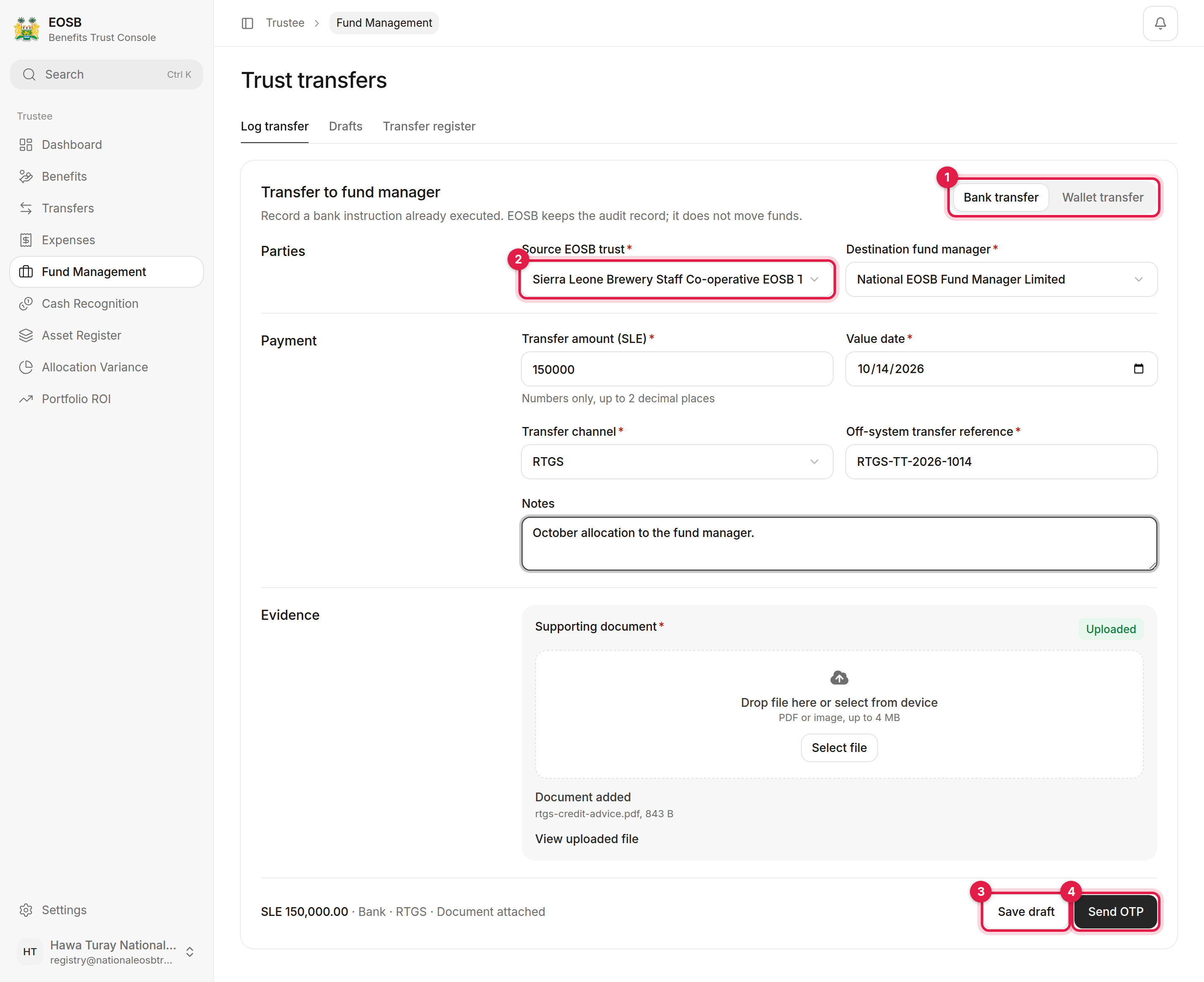 Transfer to fund manager form with Bank transfer, Source EOSB trust, Save draft and Send OTP marked 1 to 4