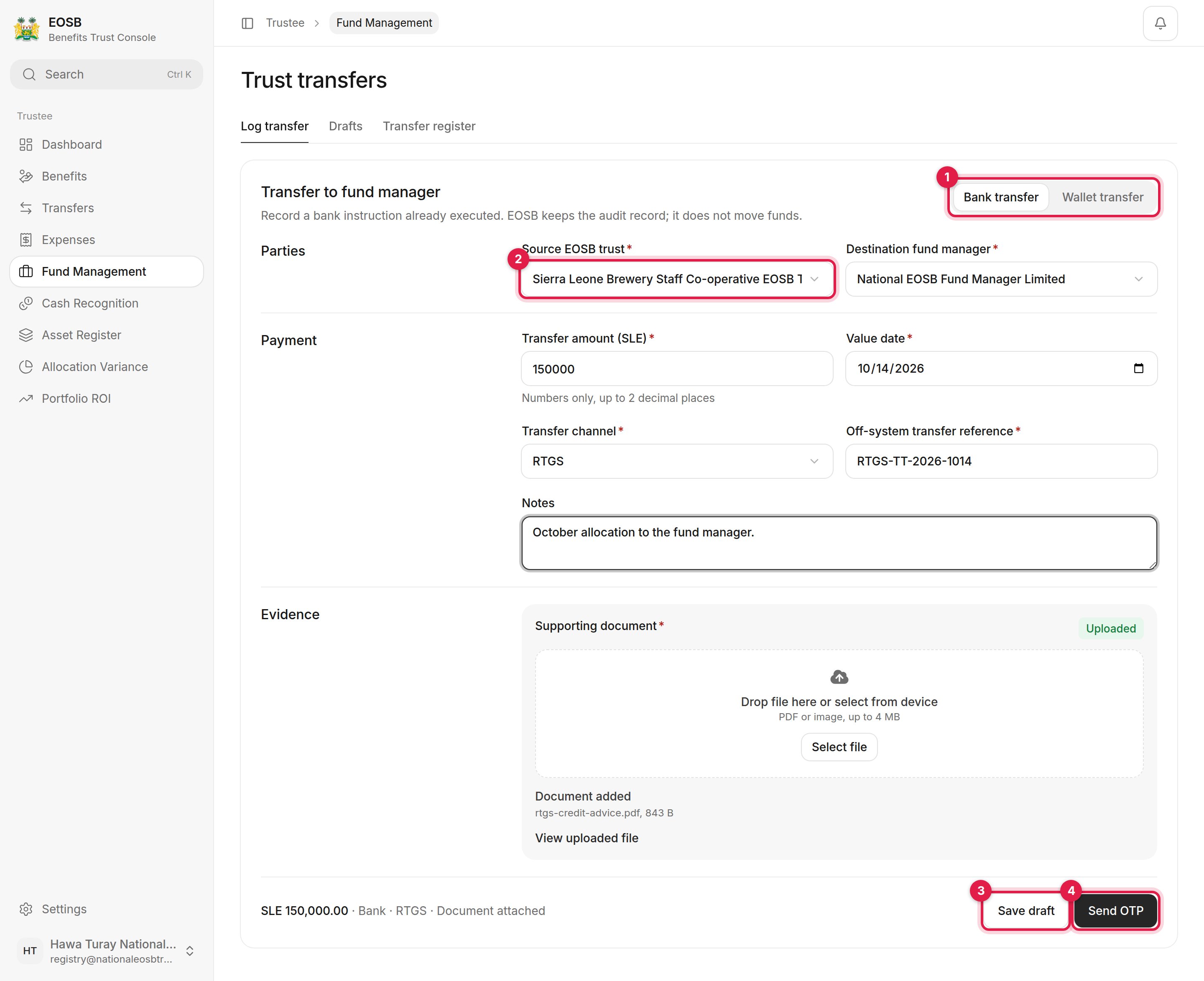 Transfer to fund manager form with Bank transfer, Source EOSB trust, Save draft and Send OTP marked 1 to 4