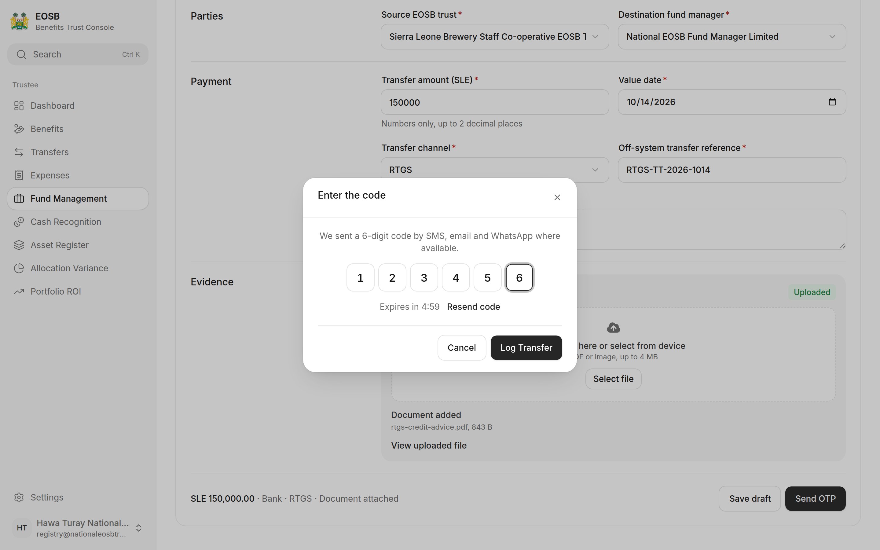 Enter the code window with Log Transfer