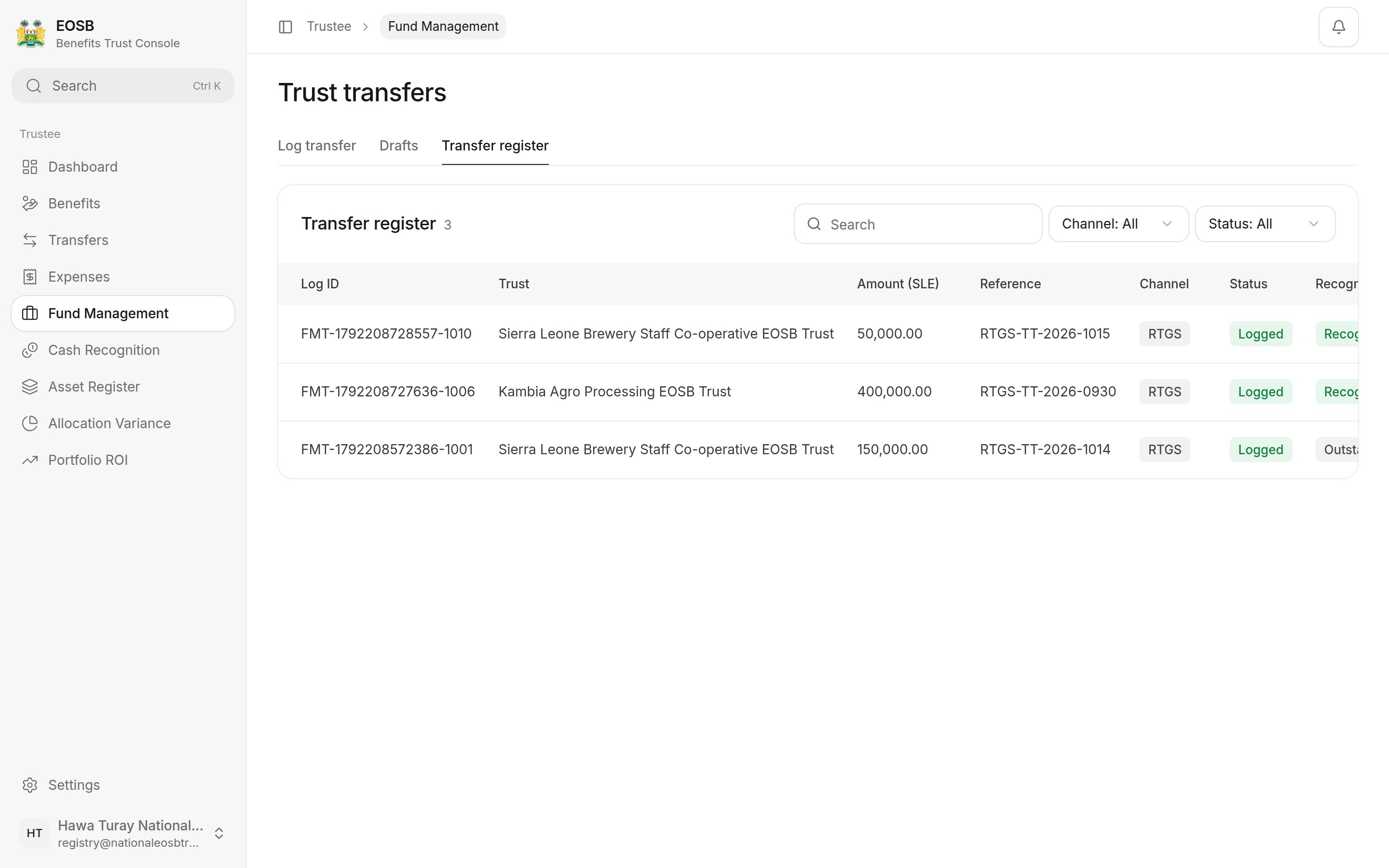 Transfer register with three logged transfers and their recognition status
