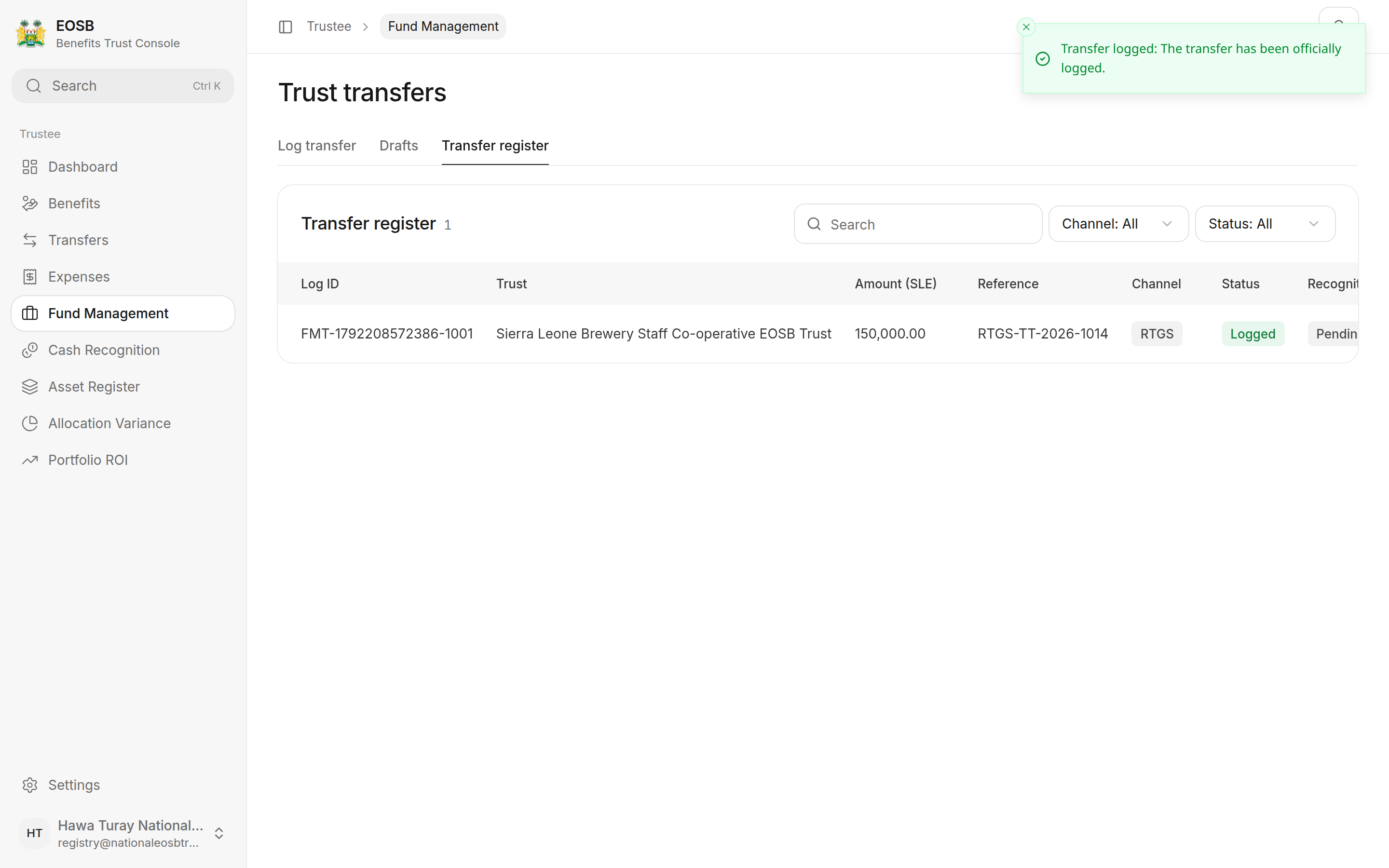 Transfer register with the new transfer, status Logged, and the message Transfer logged