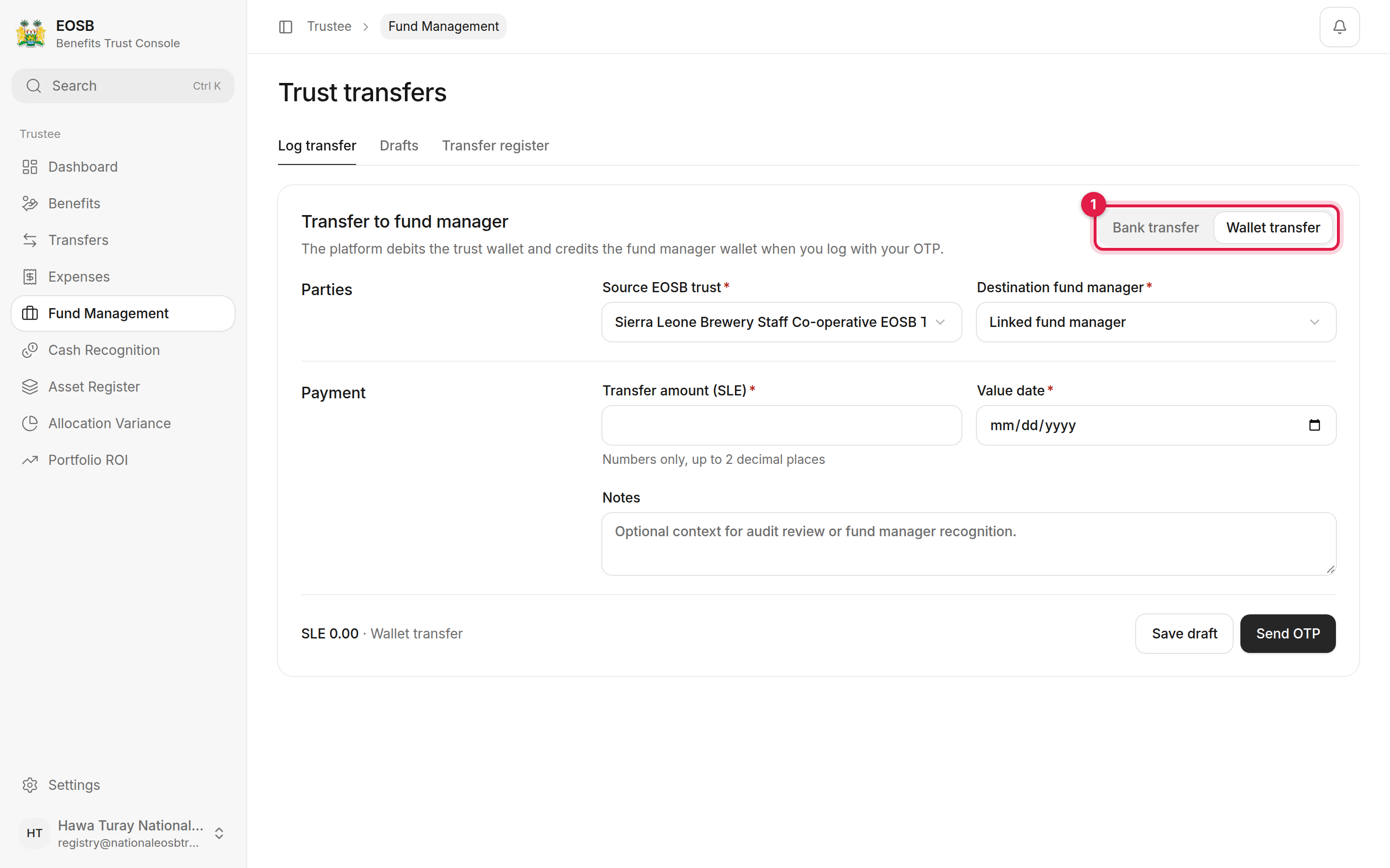 Wallet transfer form with the method switch marked 1