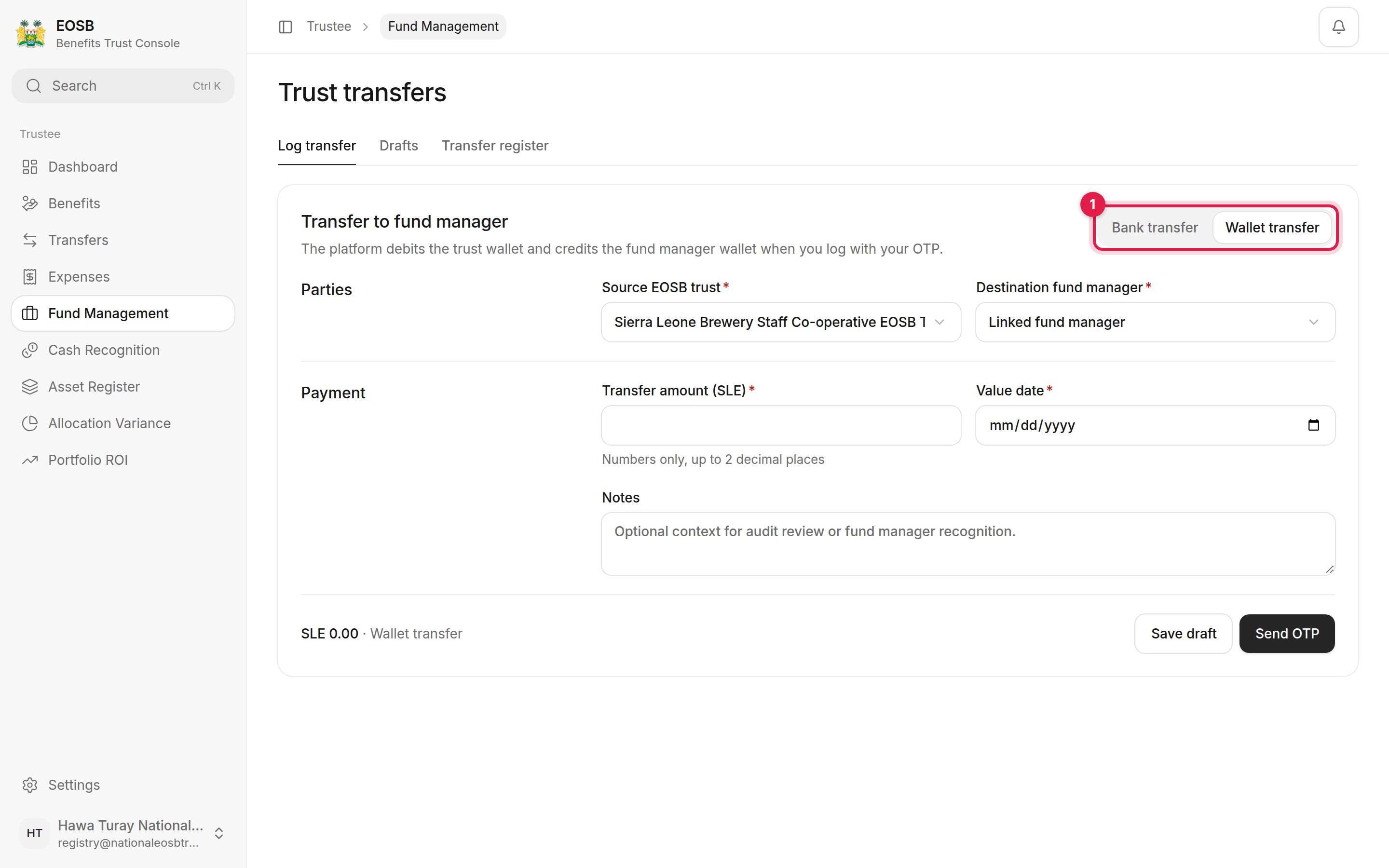 Wallet transfer form with the method switch marked 1