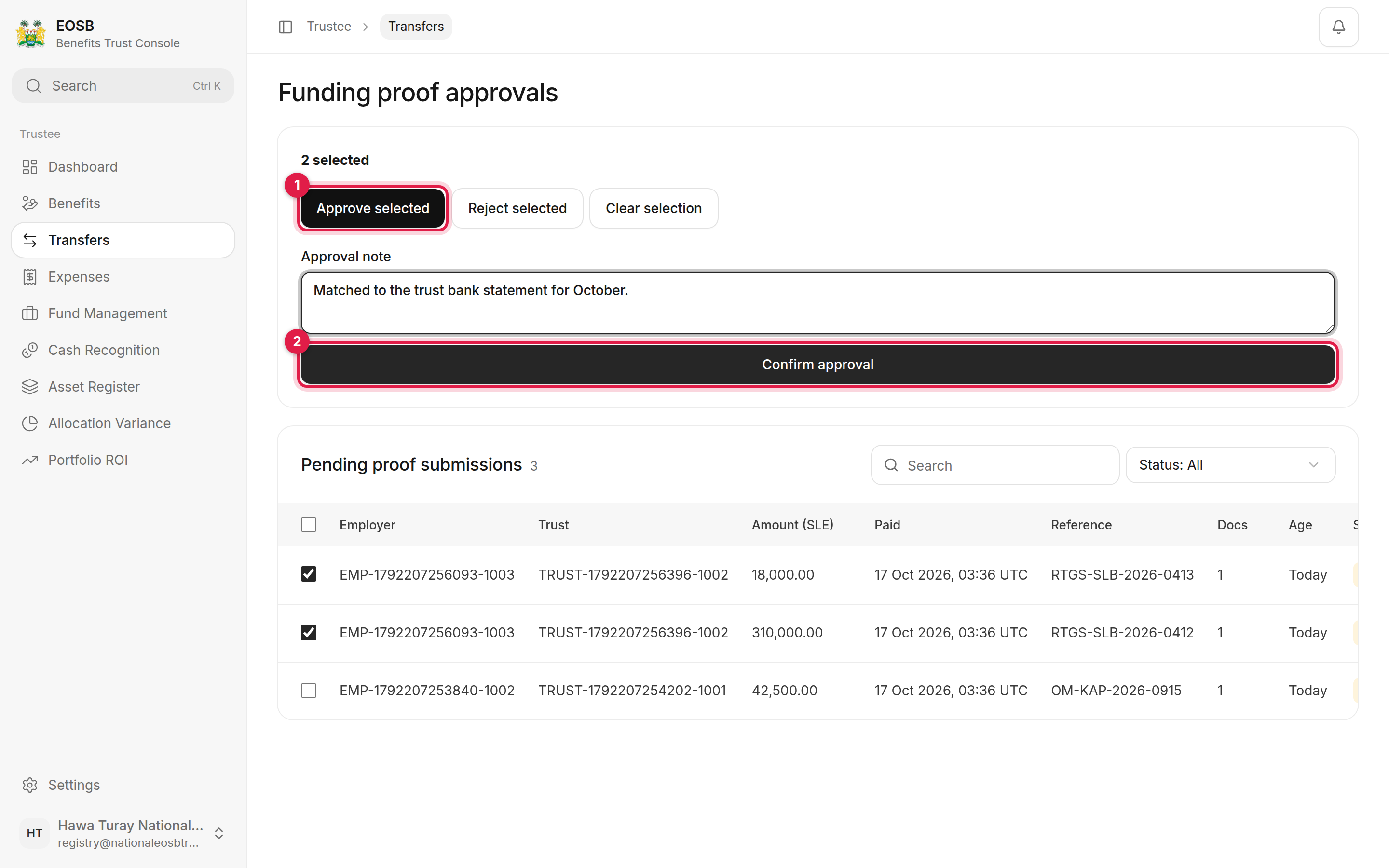 2 selected, with Approve selected marked 1 and Confirm approval marked 2
