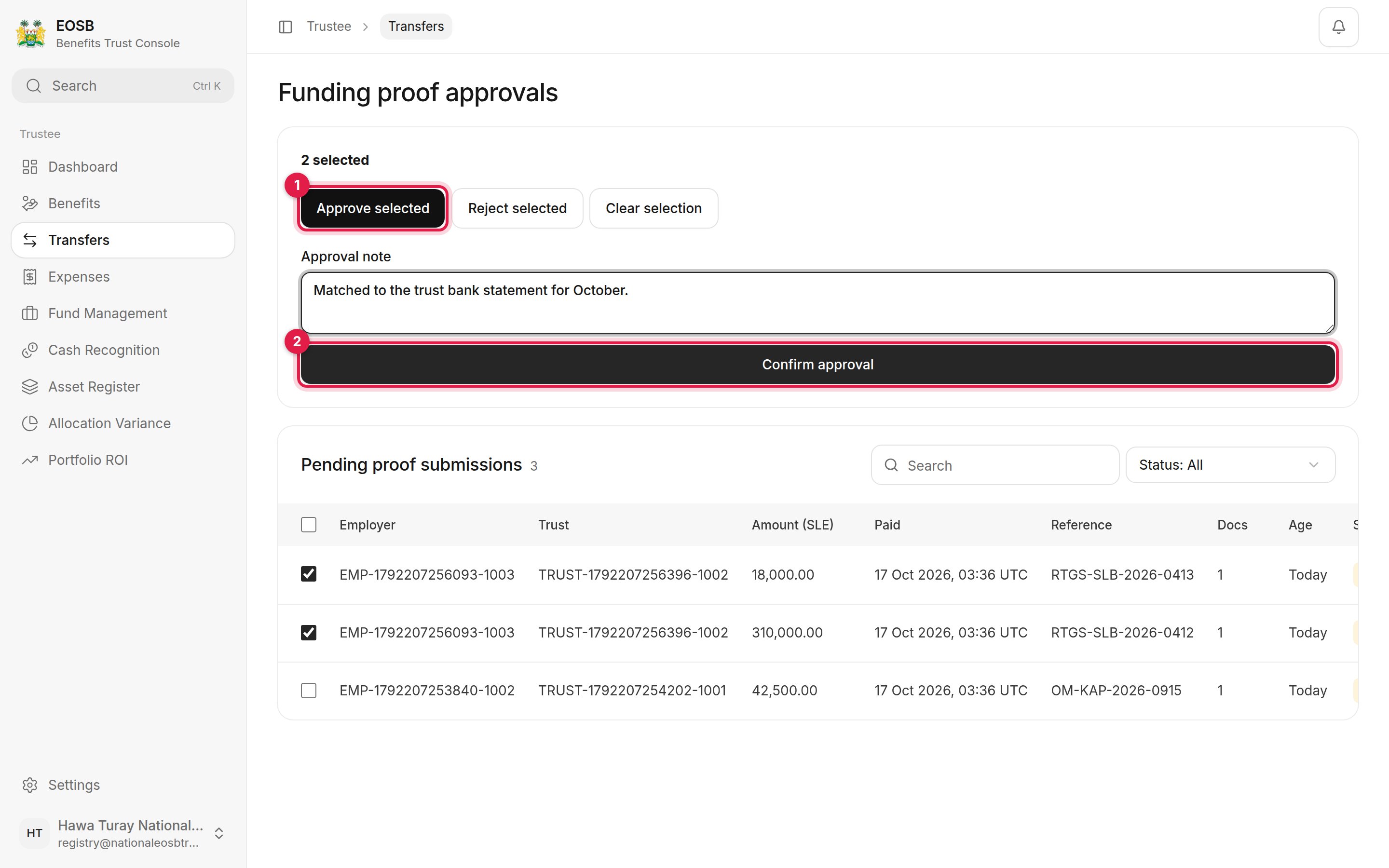 2 selected, with Approve selected marked 1 and Confirm approval marked 2