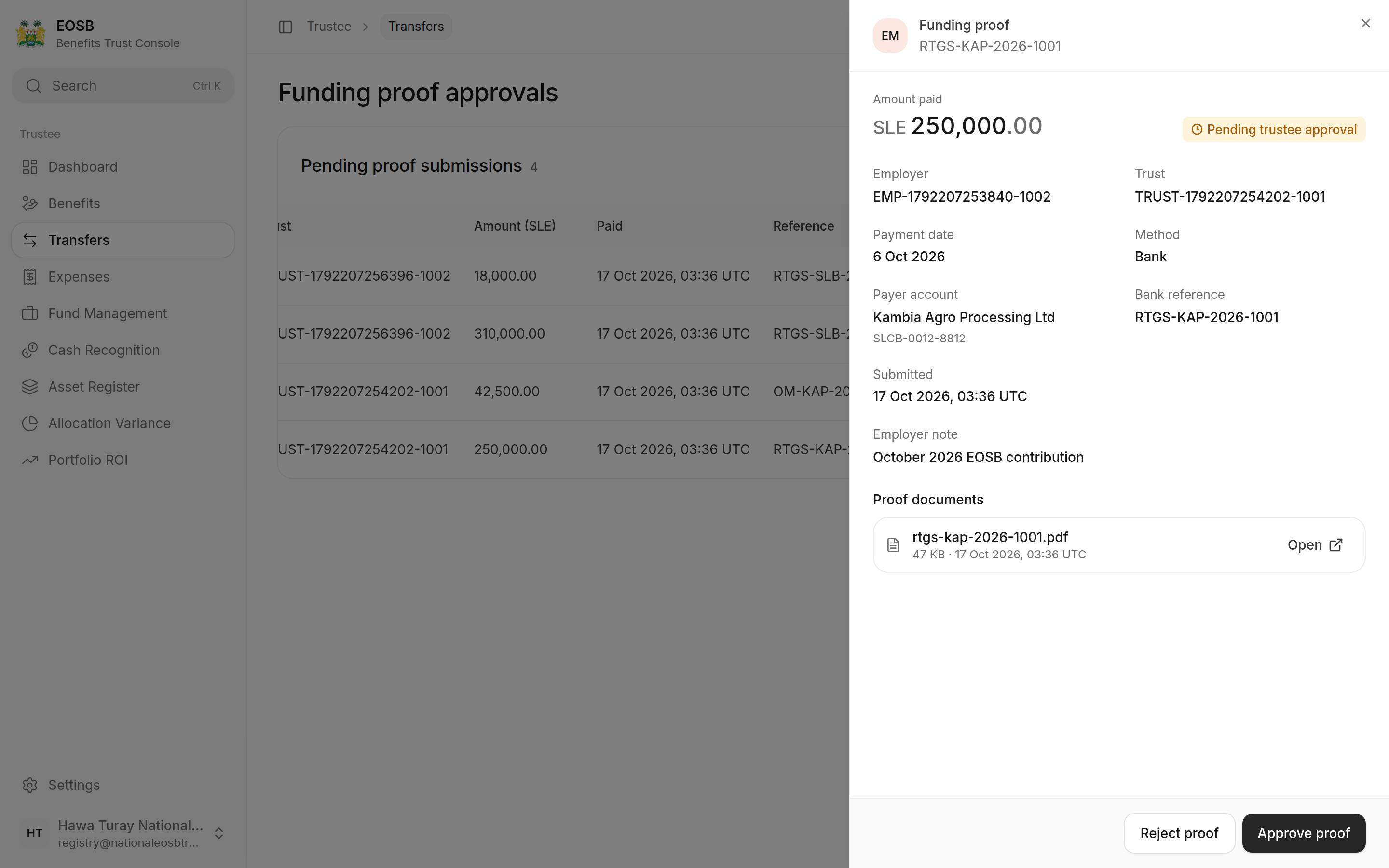 Funding proof side panel: SLE 250,000.00, employer, trust, payment date, method, payer account, bank reference, employer note and the proof document