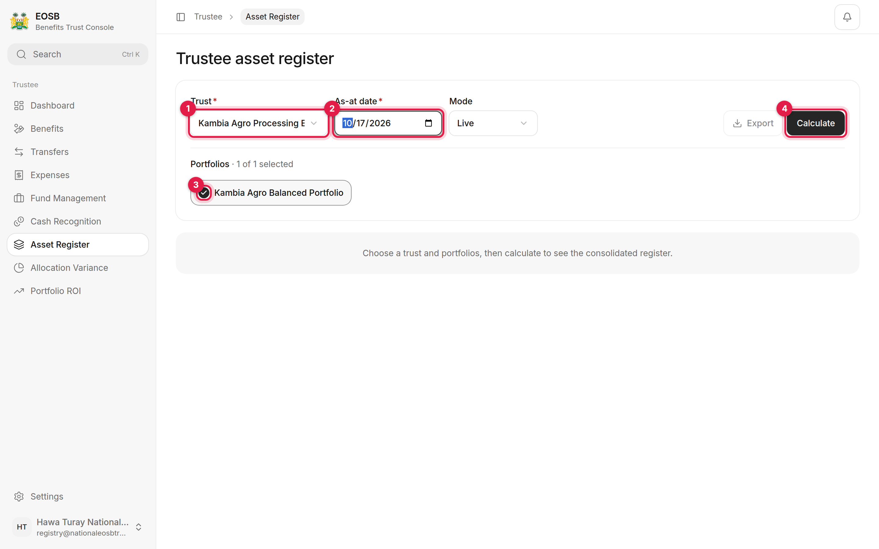 Trust, As-at date, portfolio and Calculate marked 1 to 4