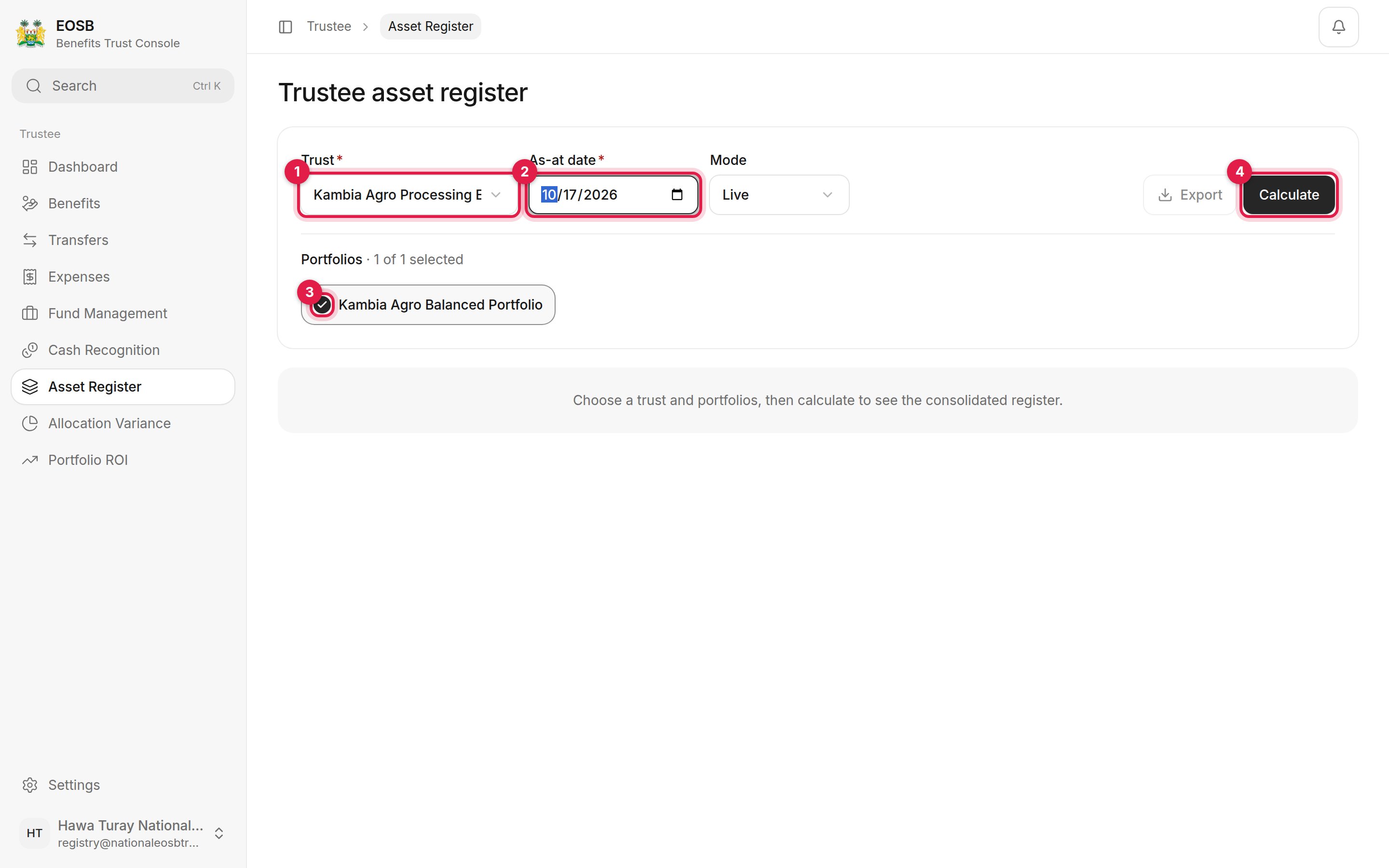 Trust, As-at date, portfolio and Calculate marked 1 to 4