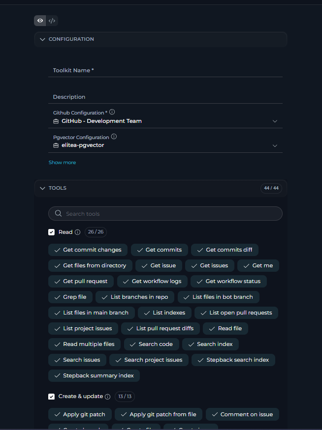 Toolkit configuration form.