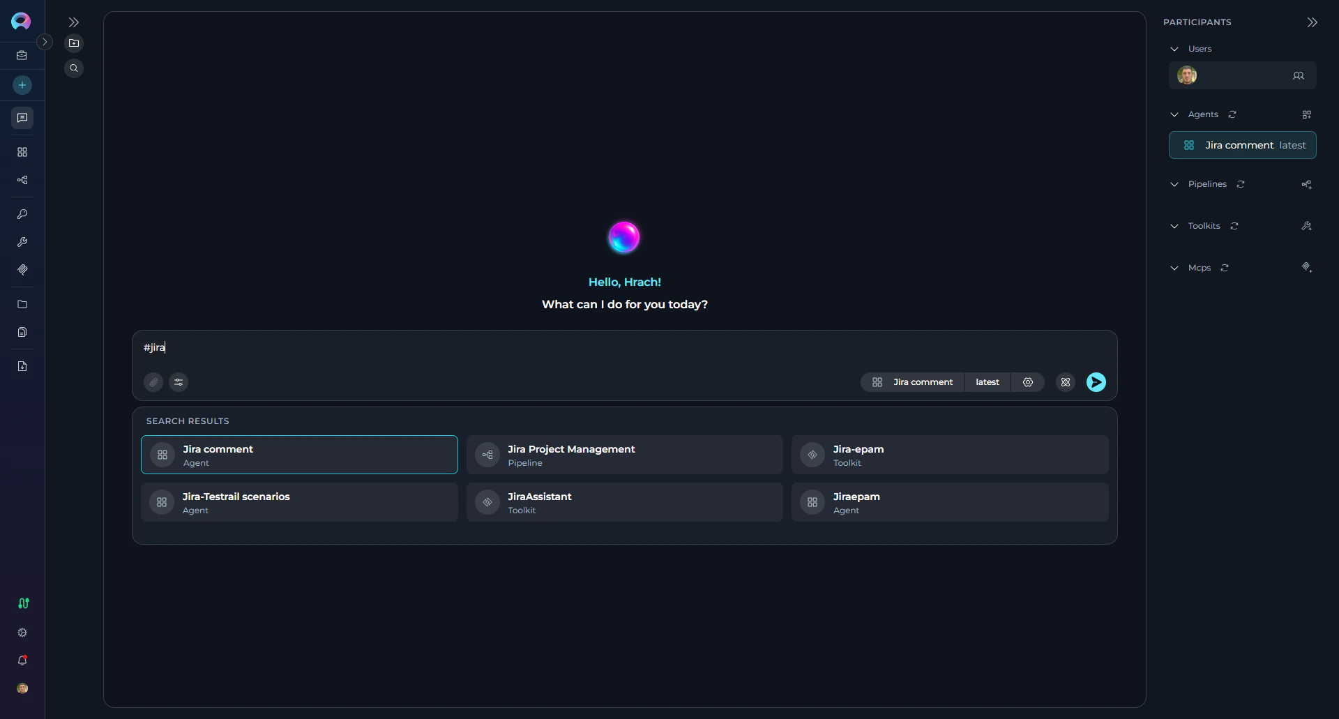 Chat input with # symbol showing assistant search dropdown