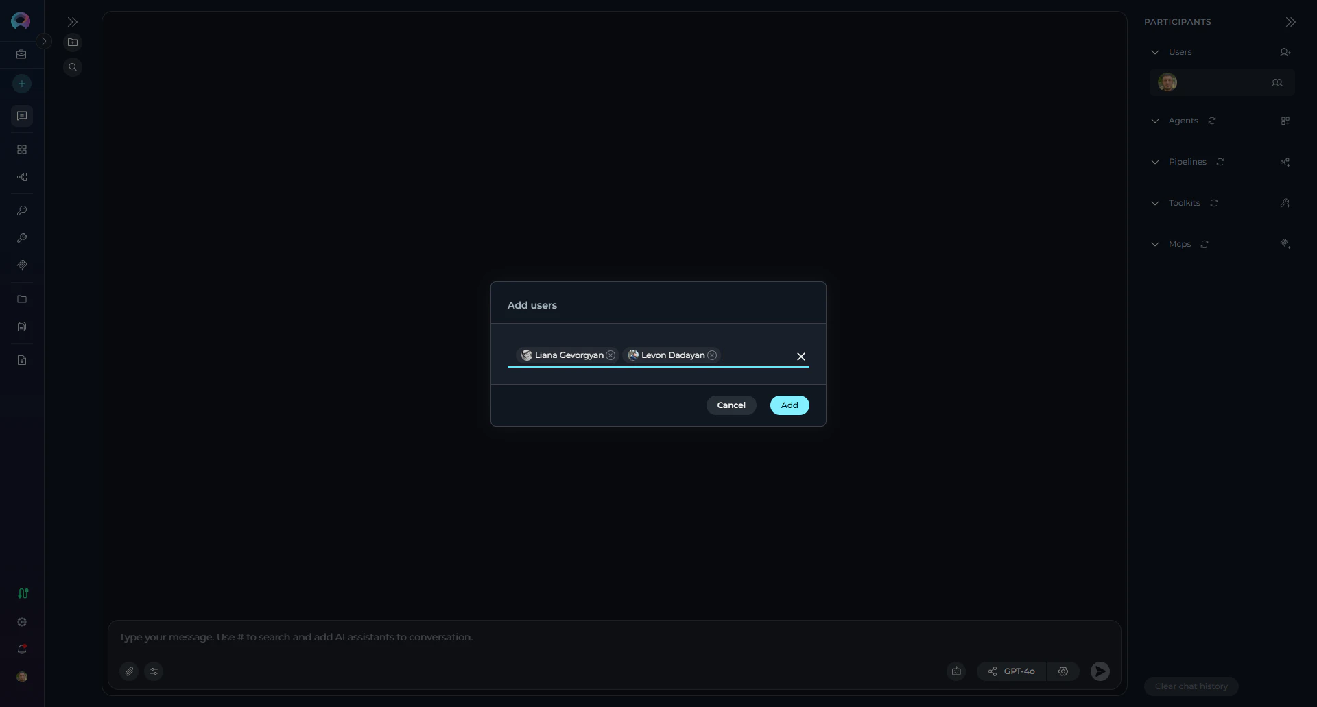 Add users dialog showing teammate search
