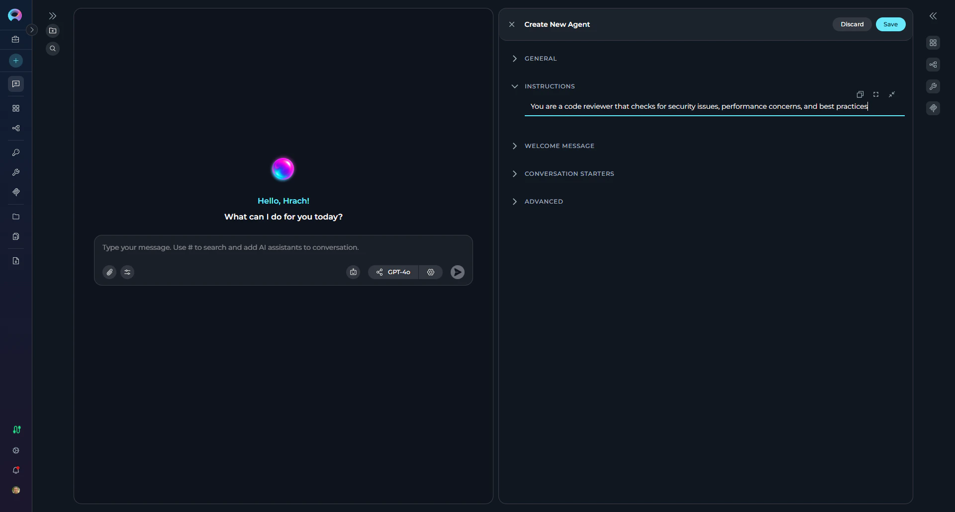 Agent instructions field with example text