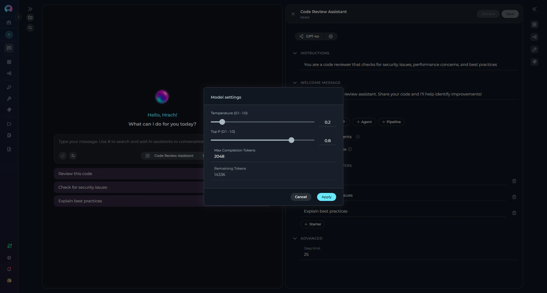 Model settings panel with temperature and parameters