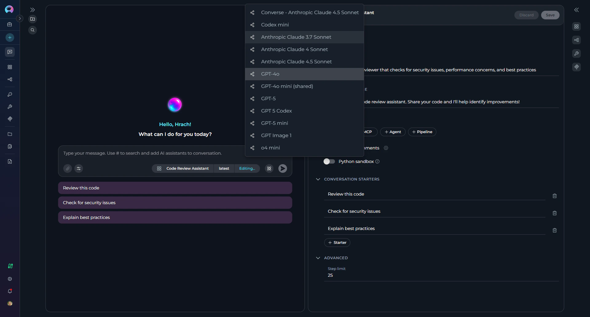 Model selection interface in agent configuration