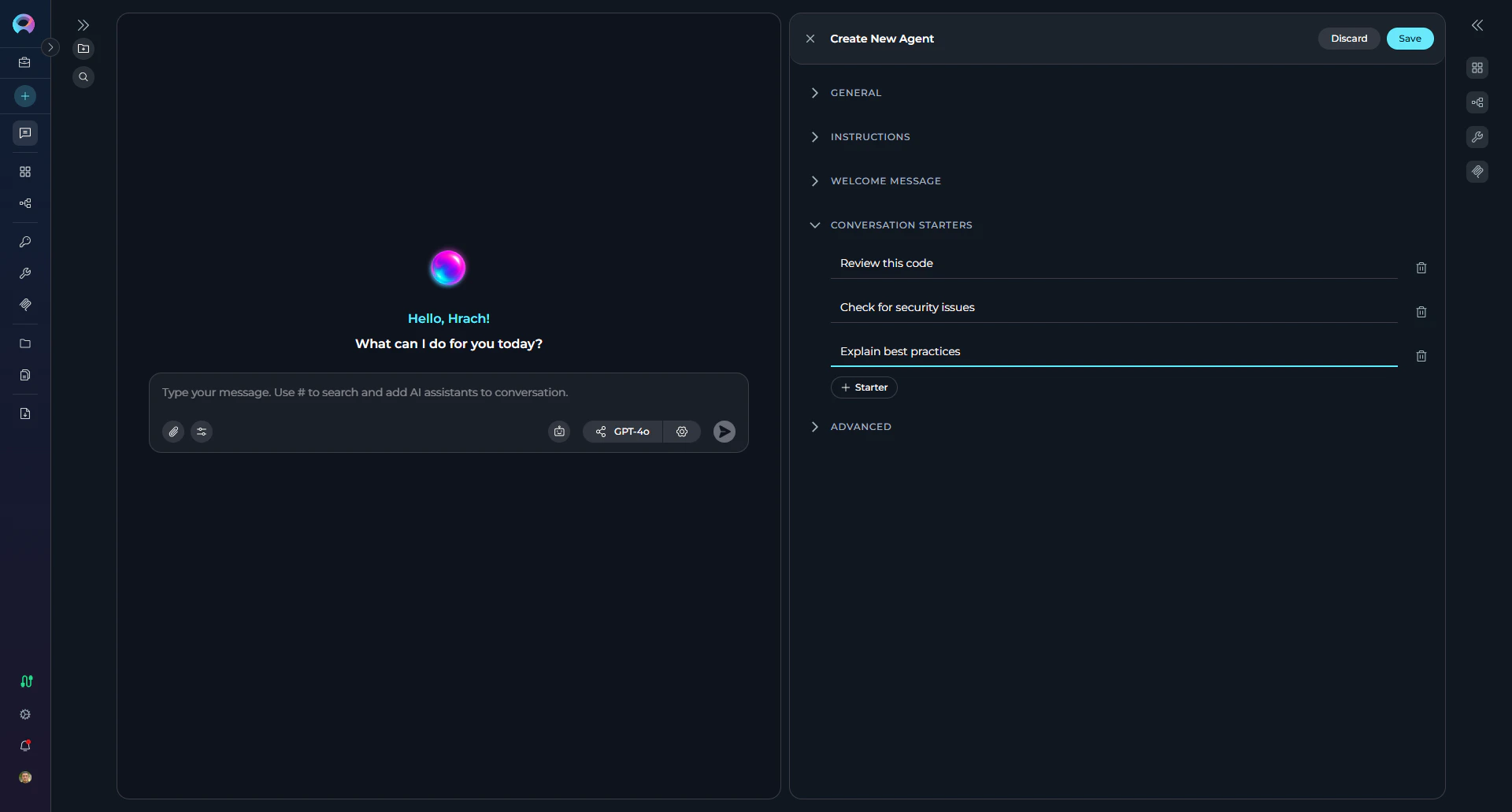 Conversation starters configuration showing add button