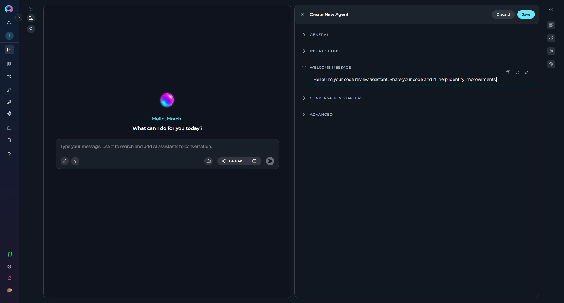 Welcome message configuration in agent canvas