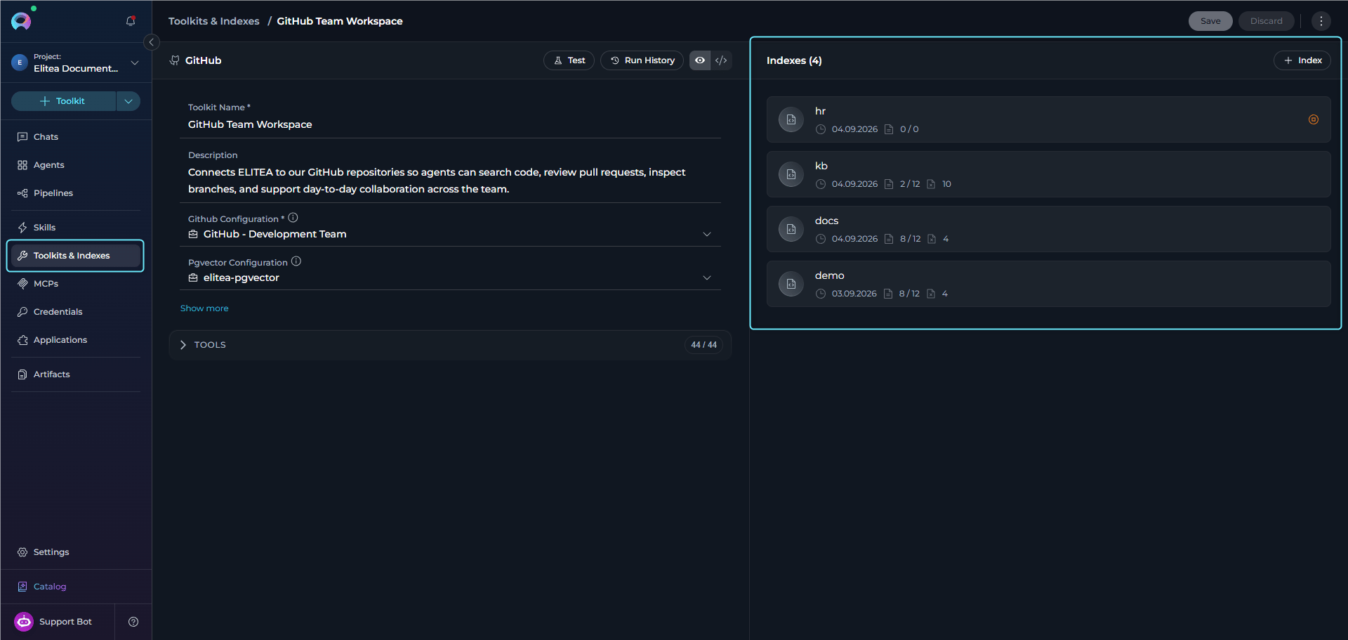 Indexes section in the toolkit configuration page.