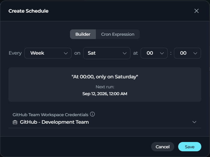 Schedule Settings modal open in Builder mode.