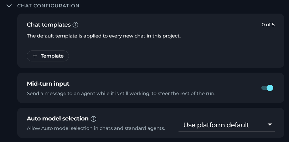 Chat Configuration section showing chat templates, the mid-turn input and auto model selection settings
