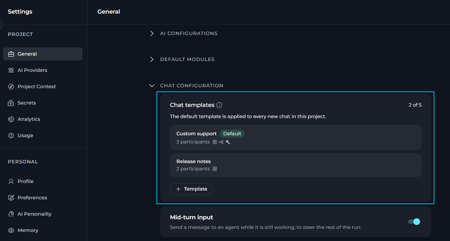 The chat templates list in Settings > General > Chat Configuration.