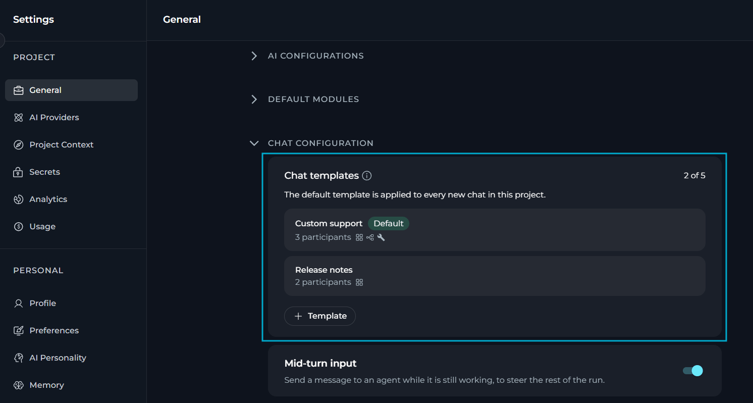 The chat templates list in Settings > General > Chat Configuration.