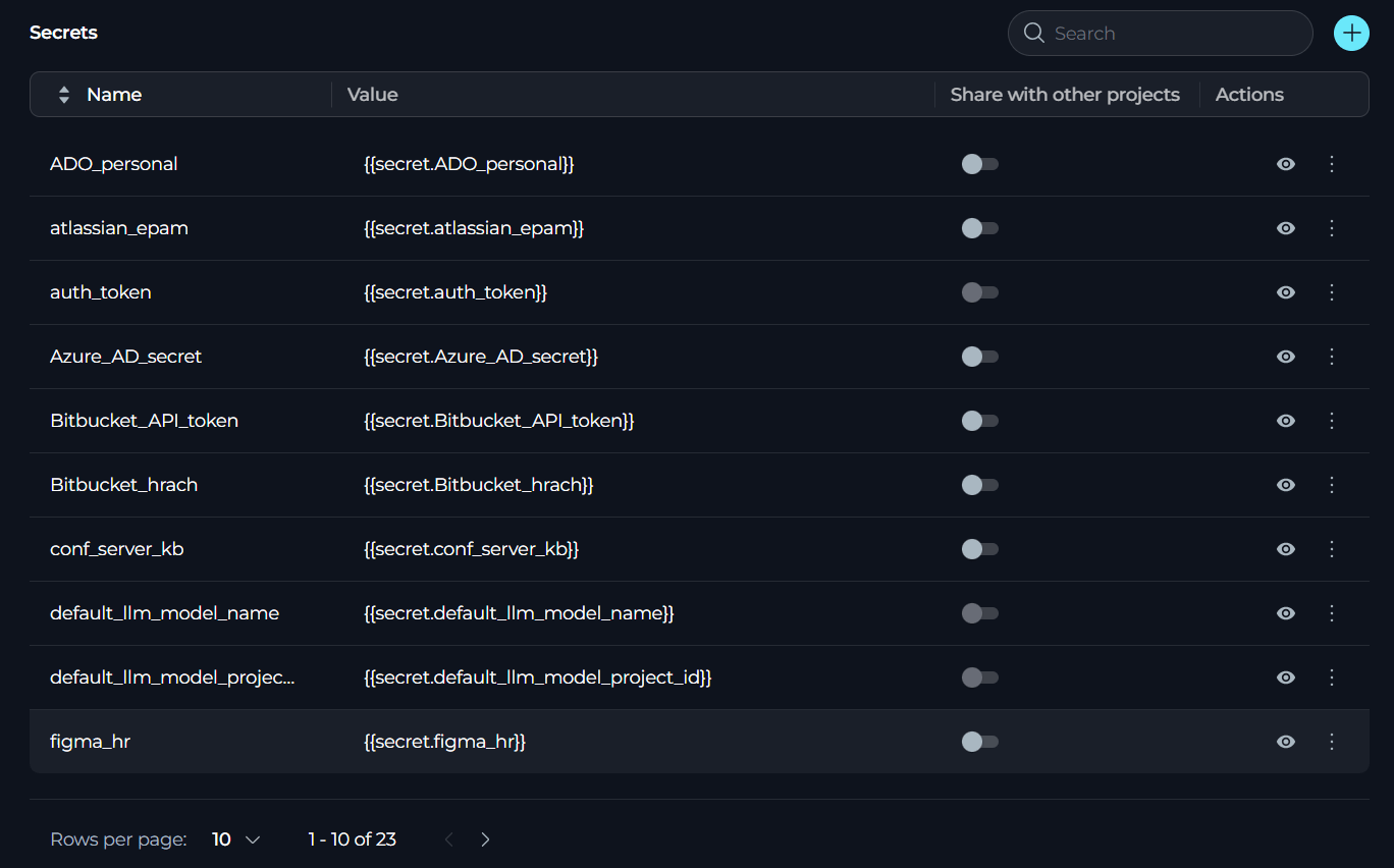 Secrets Settings Menu