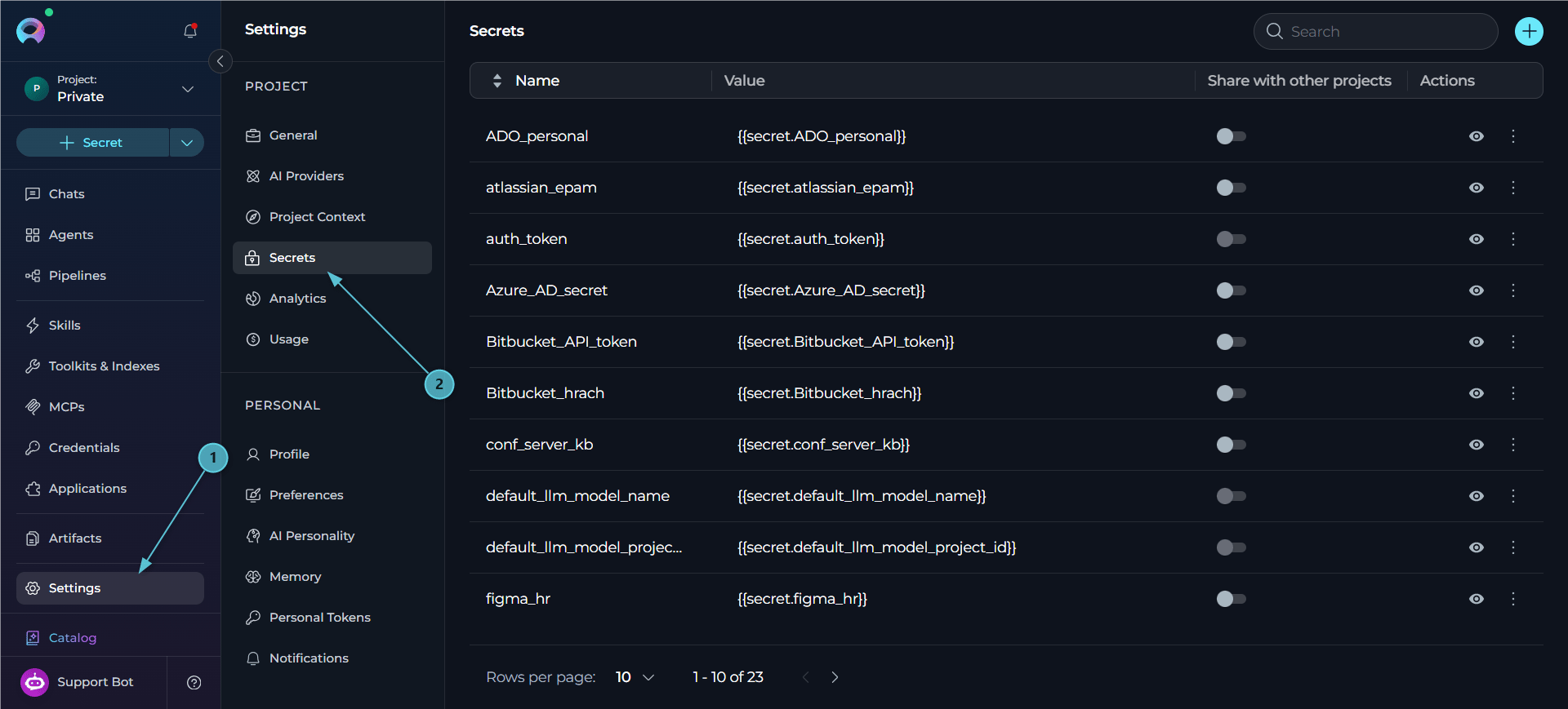 Secrets Settings Menu