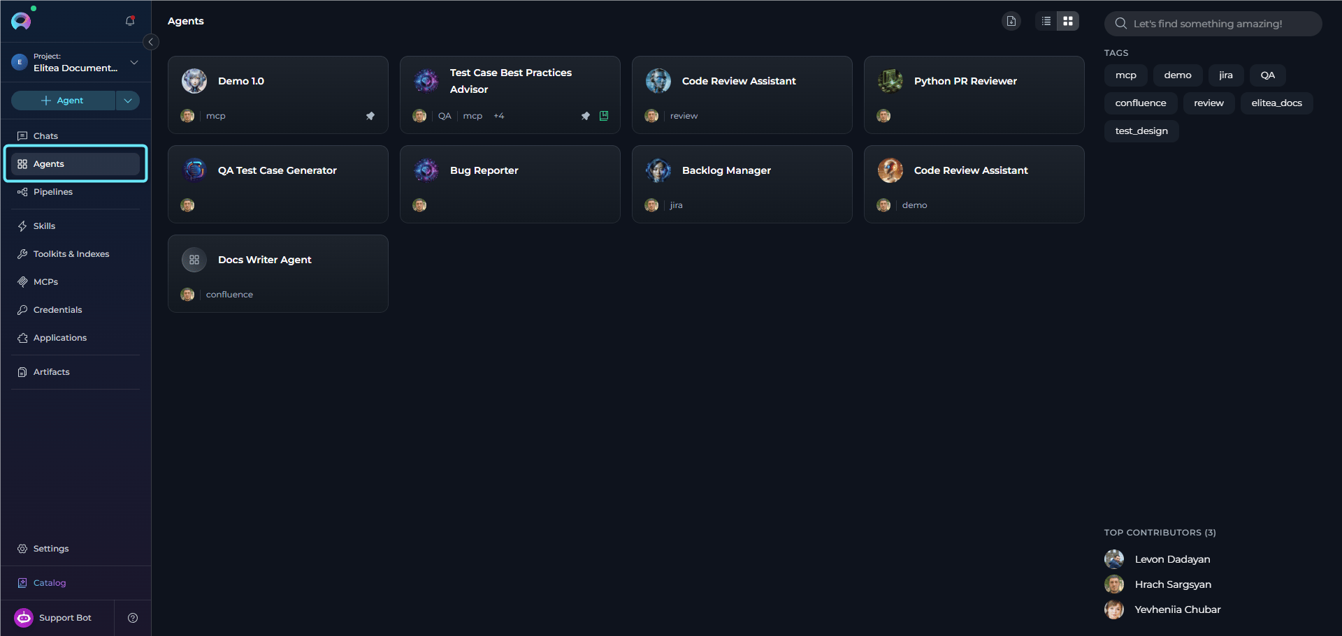 Agents menu navigation