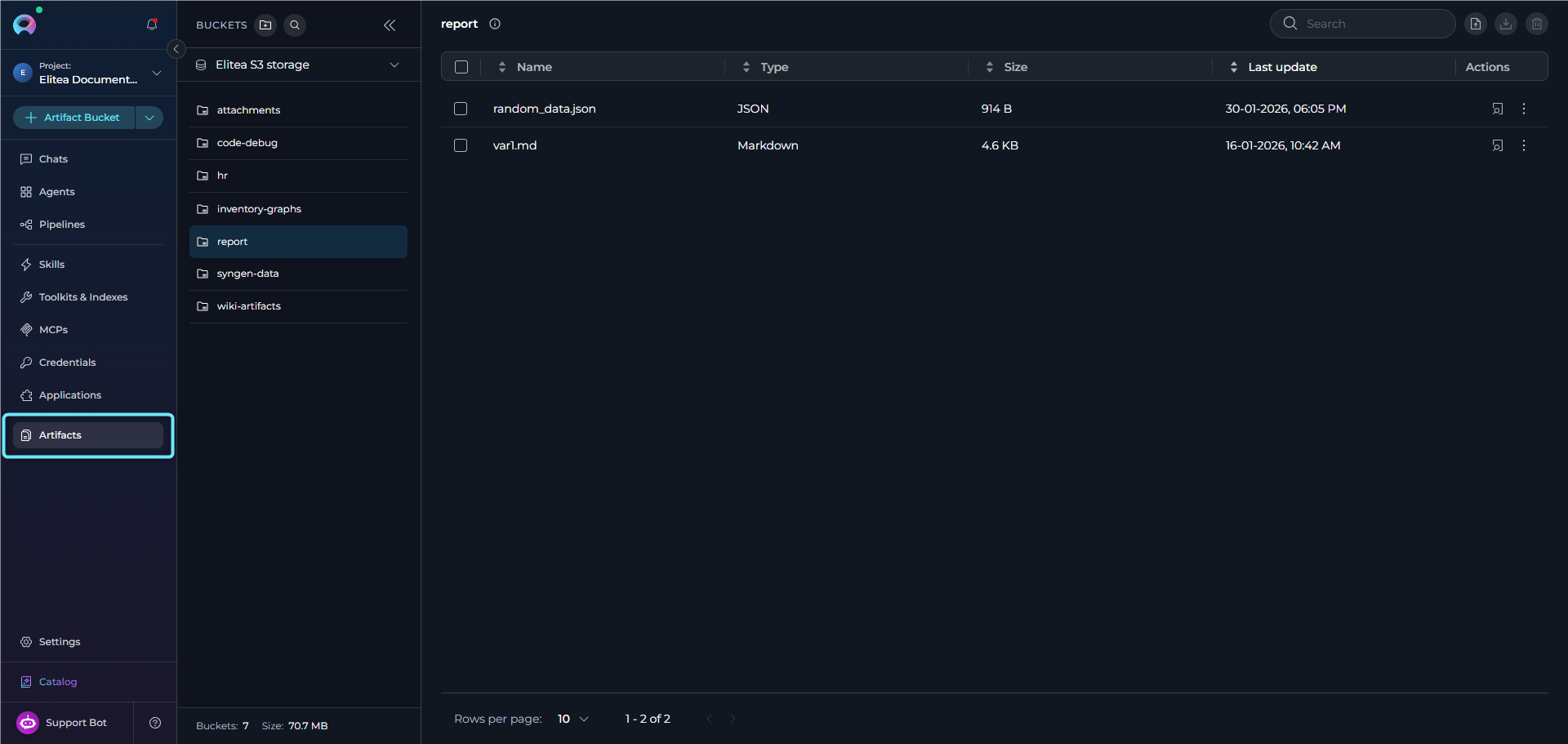 The Artifacts page showing the bucket sidebar and file table.