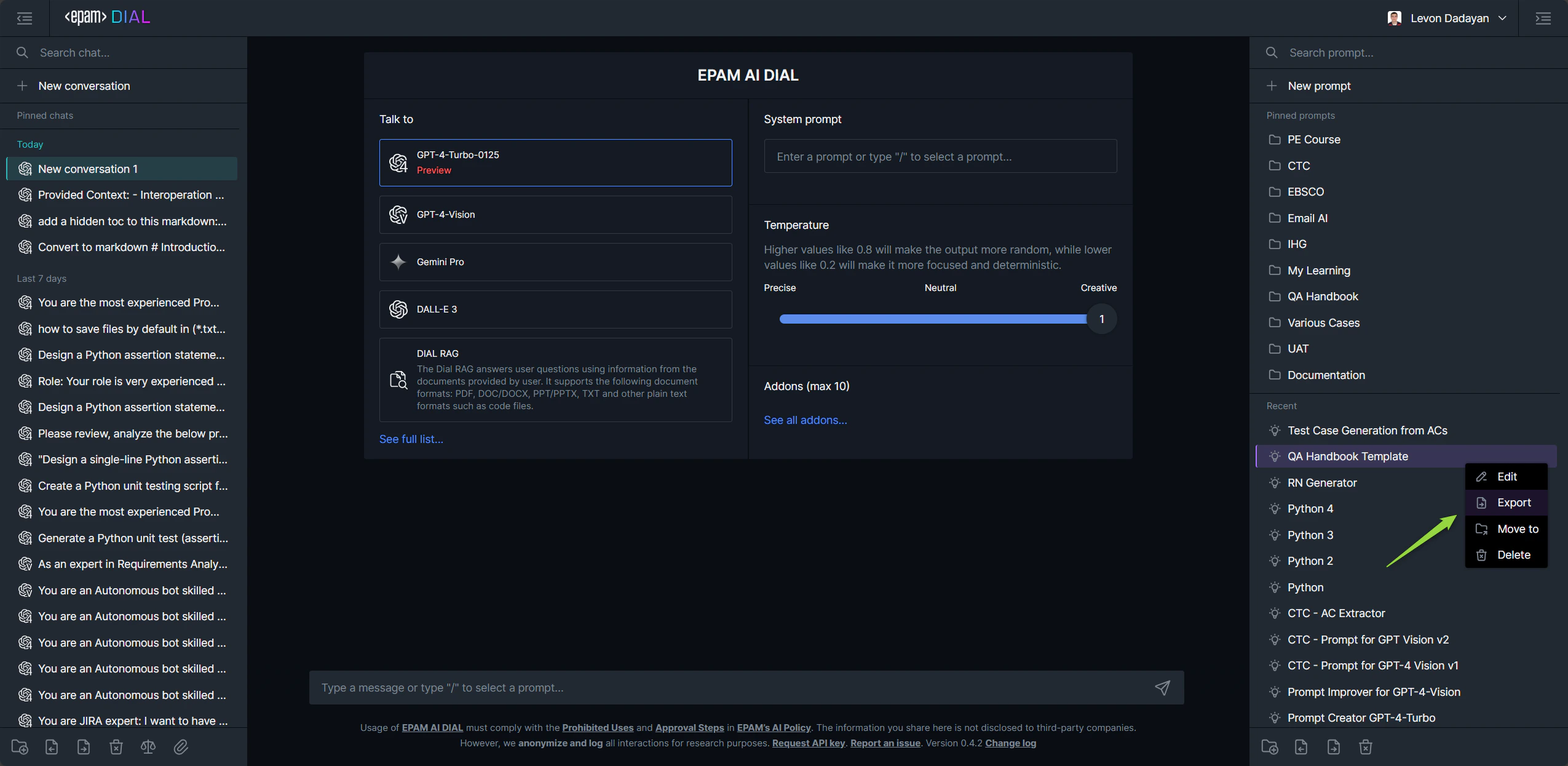 Export prompt from AI Dial