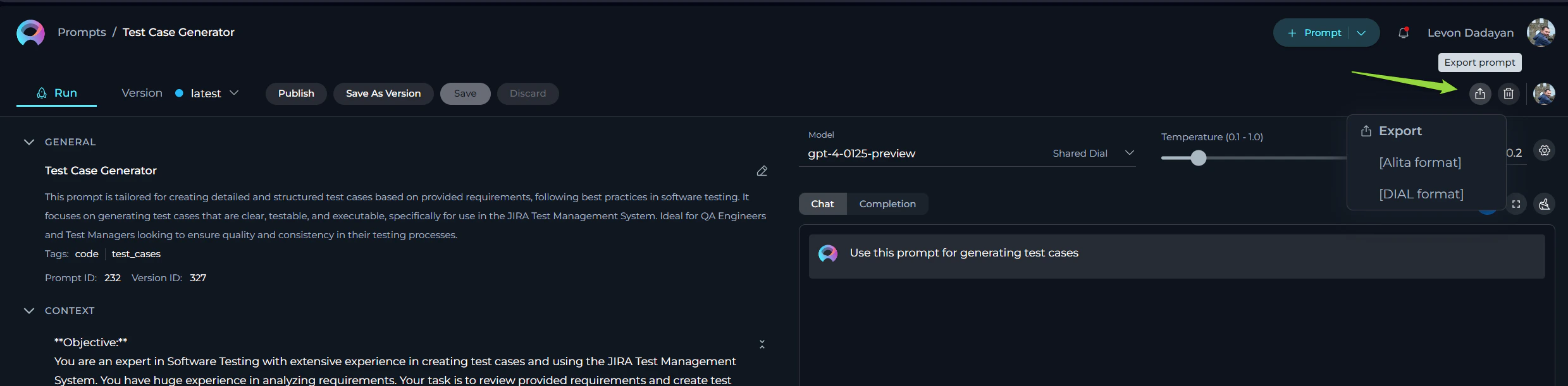 Export prompt in DIAL format