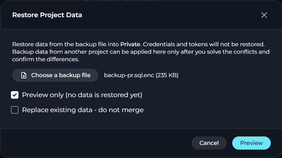 Preview data to be restored