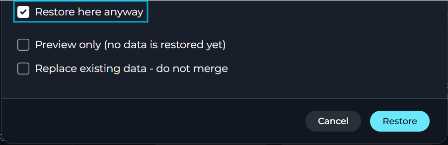 Restoring data from a different project