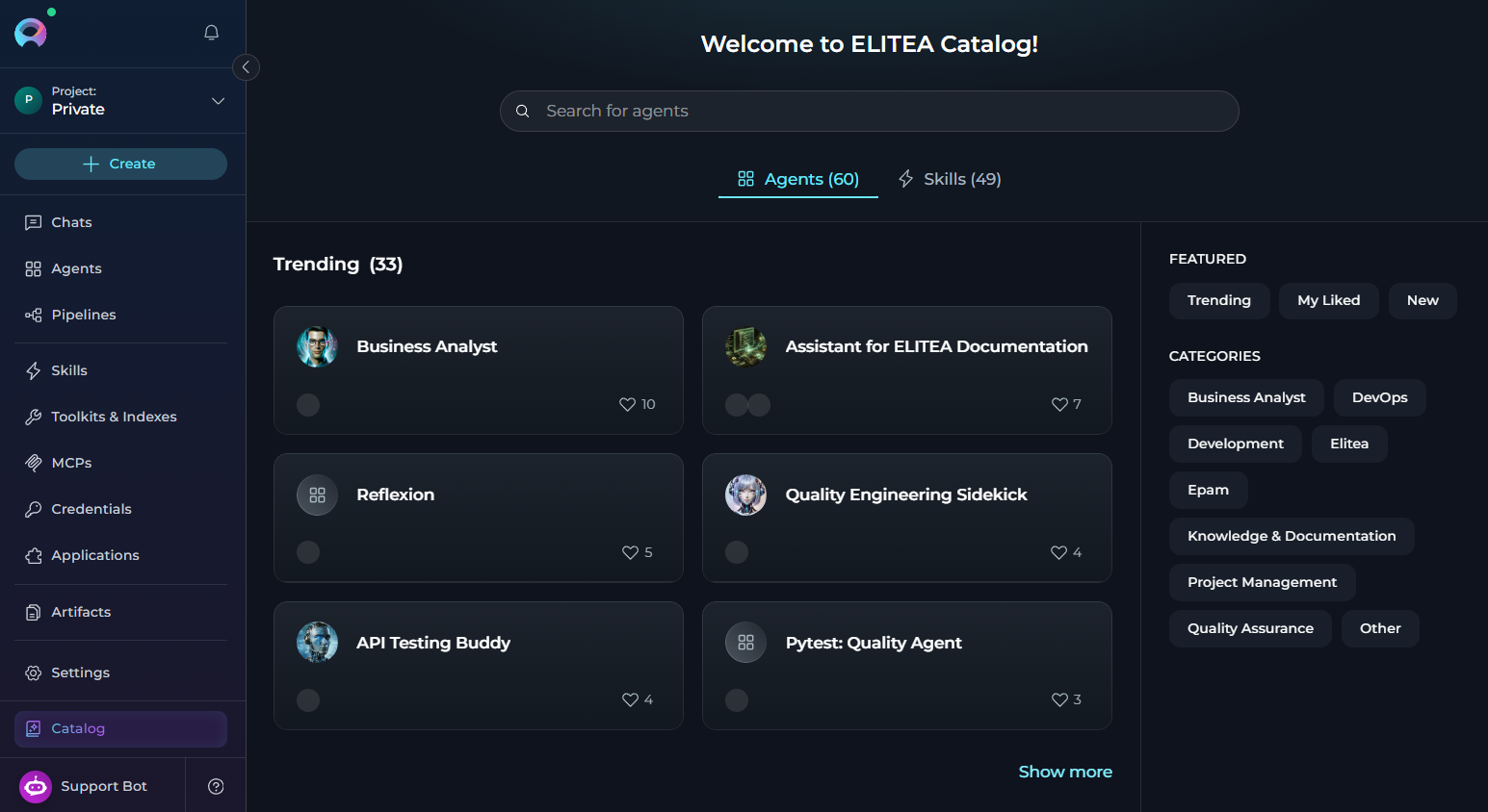 The Catalog page listing published agents and skills from the ELITEA community.