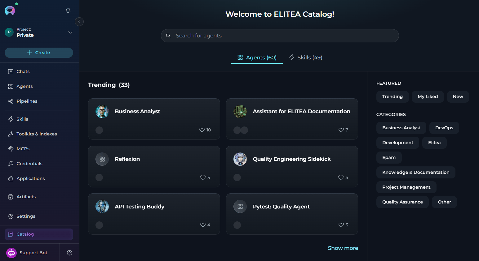 The Catalog page listing published agents and skills from the ELITEA community.