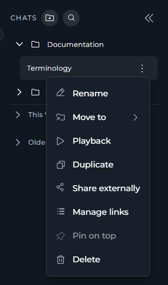 Chat actions menu for a chat inside a folder