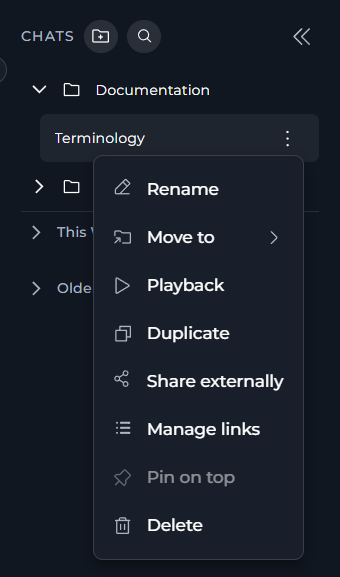 Chat actions menu for a chat inside a folder