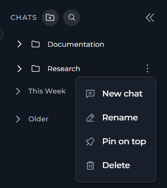 The folder contextual menu with Rename, Pin on top, and Delete Folder options.
