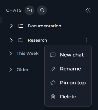 The folder contextual menu with Rename, Pin on top, and Delete Folder options.