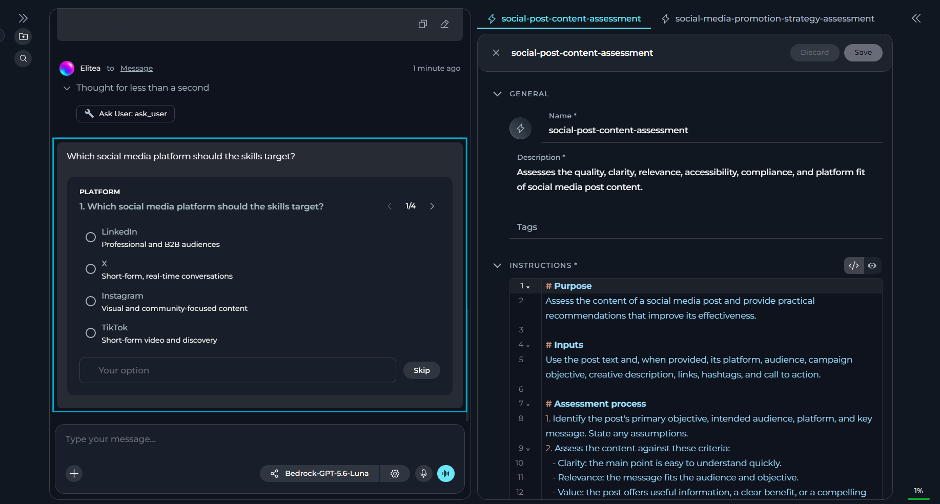 A clarifying question card in the chat with answer options and a free-text field.