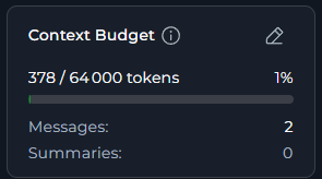 The Context Budget widget in compact view, showing pruning strategy, message count, and summaries count.