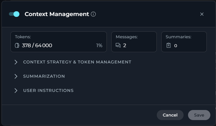 The Context Budget widget in configuration view, showing context management parameters.