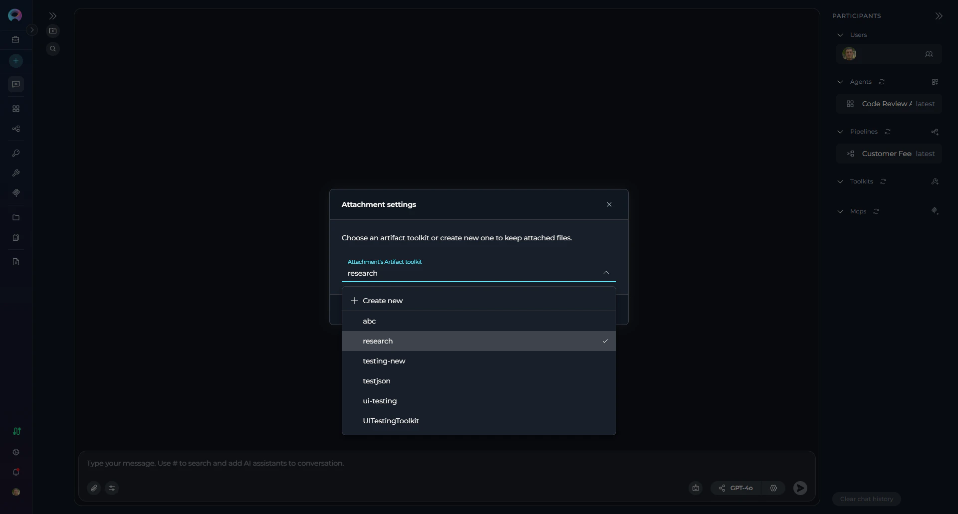 Attachment settings popup showing toolkit configuration