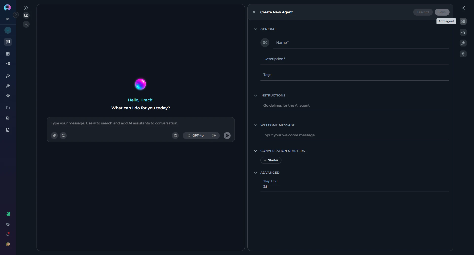 Create new agent button in Participants panel