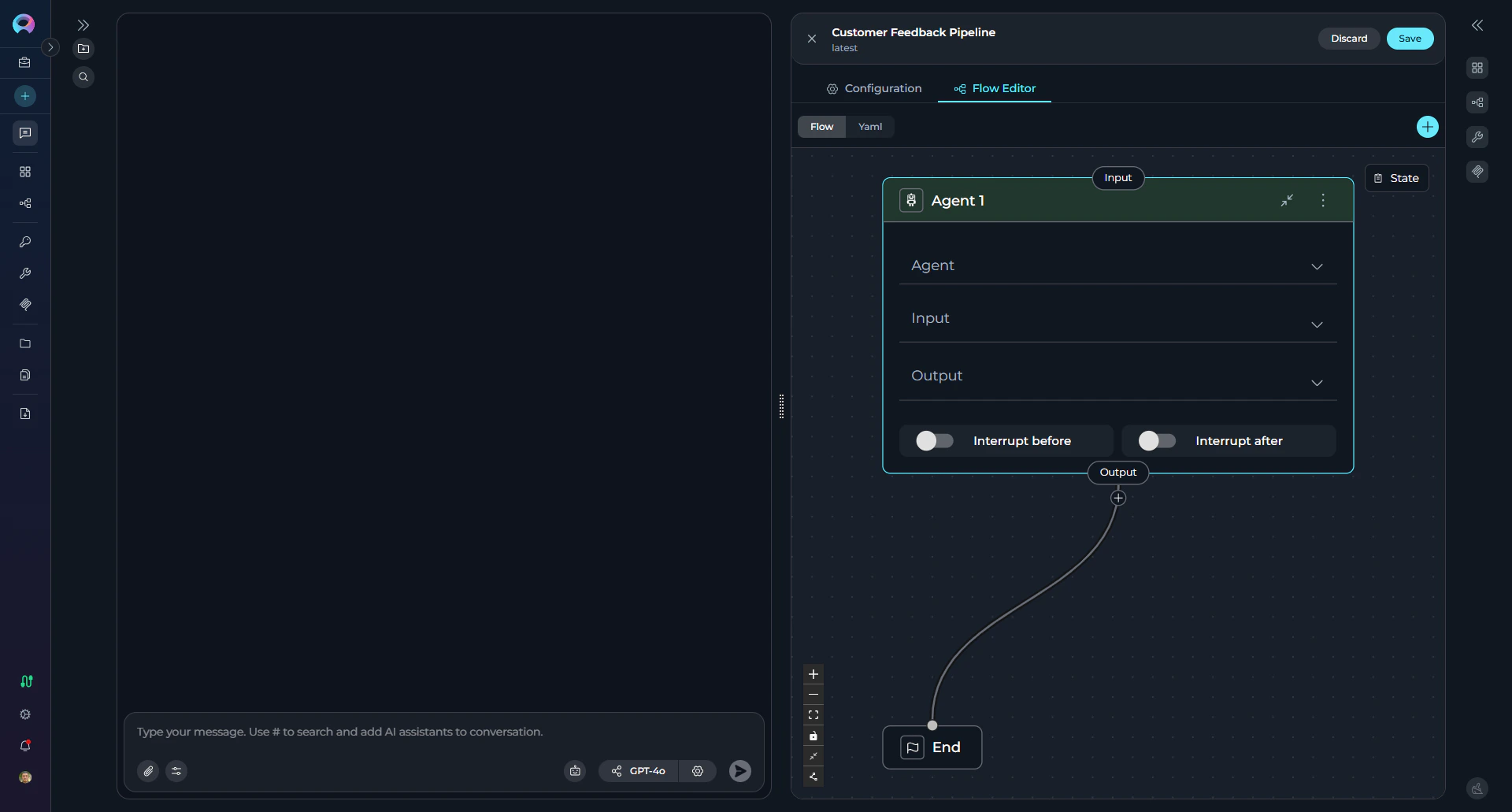 Flow Editor with connected nodes showing workflow