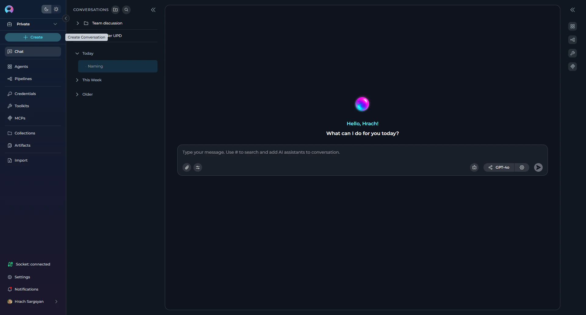 Chat interface with create button highlighted